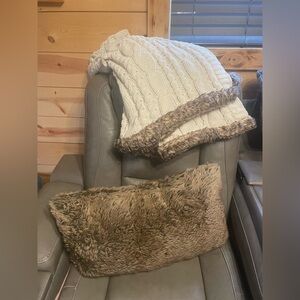 Bundle Faux Fur Lumbar Pillow and Cable Knit Throw Blanket